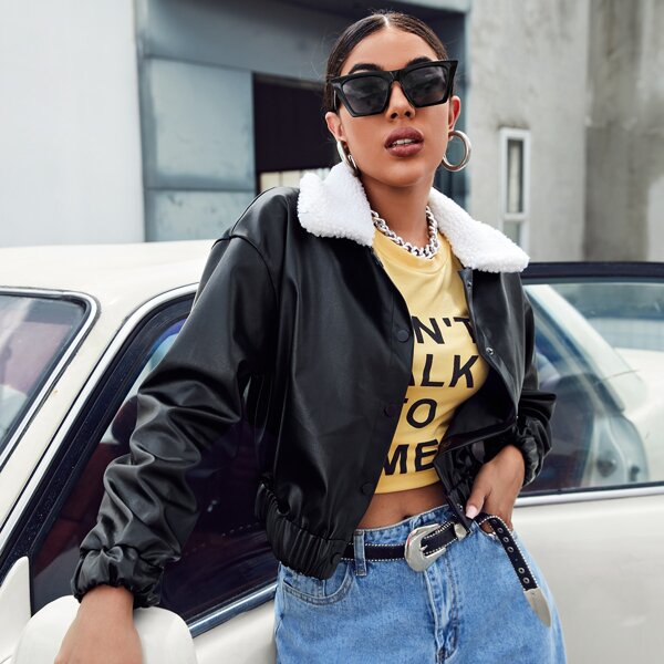 

Single Breasted Contrast Shearling Collar PU Leather Jacket, Black