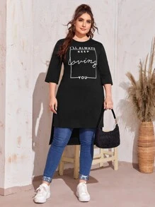 Mulvari Plus Slogan Graphic High Low Tee, I'LL ALWAYS KEEP Loving YOU - Black - View 1
