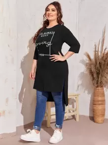 Mulvari Plus Slogan Graphic High Low Tee, I'LL ALWAYS KEEP Loving YOU - Black - View 3