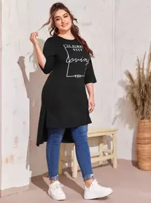 Mulvari Plus Slogan Graphic High Low Tee, I'LL ALWAYS KEEP Loving YOU - Black - View 4