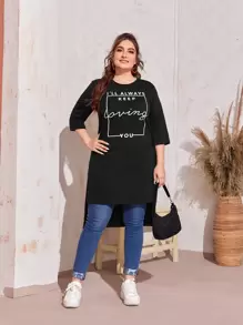 Mulvari Plus Slogan Graphic High Low Tee, I'LL ALWAYS KEEP Loving YOU - Black - View 5