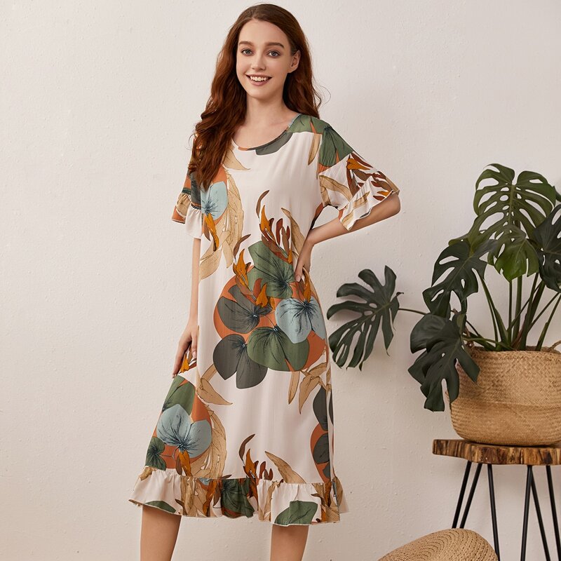 

Plants Print Flounce Sleeve Viscose Night Dress, Multicolor