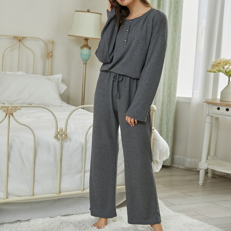 

Solid Button Front Top & Drawstring Pants Lounge Set, Dark grey