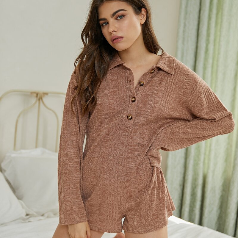

Solid Drop Shoulder Button Front Lounge Jumpsuit, Mocha brown