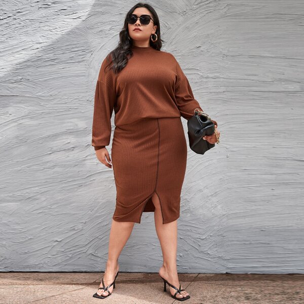 

Plus Drop Shoulder Rib-knit Tee & Split Hem Skirt Set, Rust brown