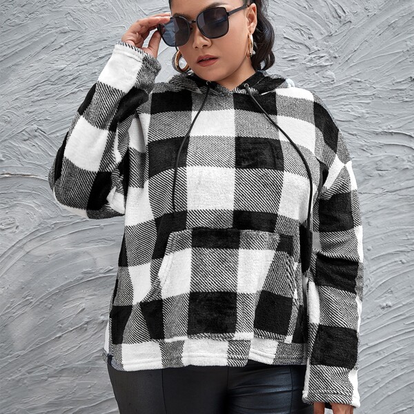 

Plus Pouch Pocket Buffalo Plaid Teddy Hoodie, Black and white