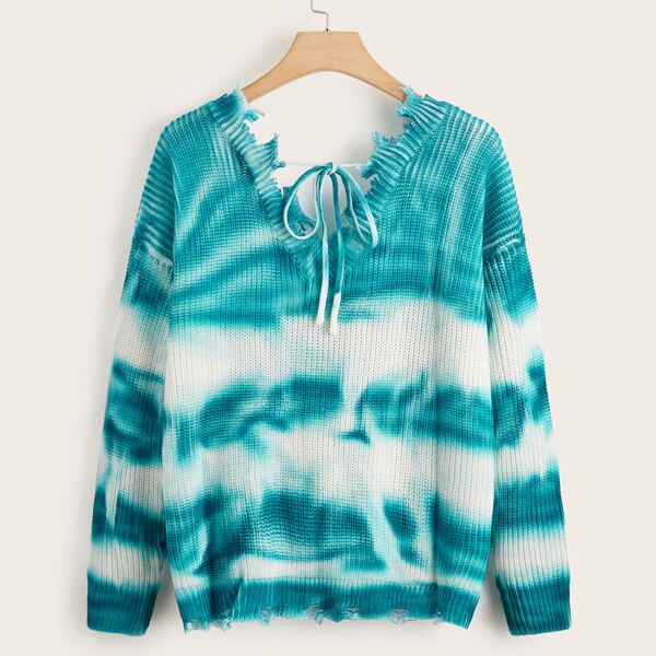 

Plus Tie Dye Distressed Sweater, Blue and white
