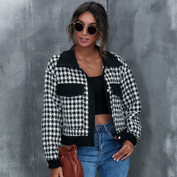 

Pearl Button Gingham Tweed Jacket, Black and white