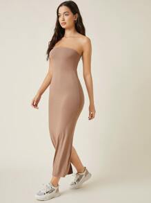 SHEIN BASICS Split Hem Tube Dress - Camel - View 3