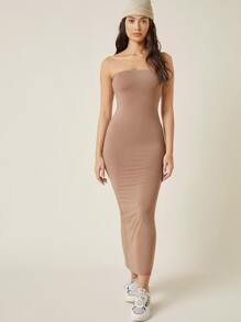 SHEIN BASICS Split Hem Tube Dress - Camel - View 5