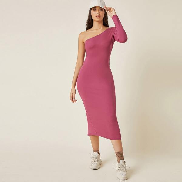 

One Shoulder Split Back Bodycon Dress, Pink