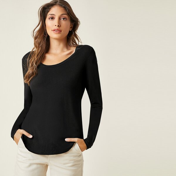 

Curved Hem Solid Tee, Black