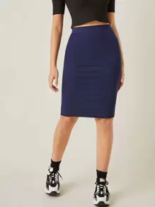SHEIN BASICS Cotton High Waist Solid Pencil Skirt - Navy Blue - View 1