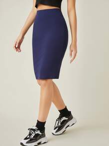 SHEIN BASICS Cotton High Waist Solid Pencil Skirt - Navy Blue - View 3