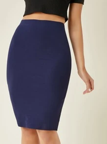 SHEIN BASICS Cotton High Waist Solid Pencil Skirt - Navy Blue - View 4