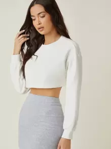 SHEIN BASICS Terry Fleece Cotton Drop Shoulder Crop Sweatshirt - White - View 3