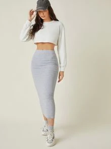 SHEIN BASICS Terry Fleece Cotton Drop Shoulder Crop Sweatshirt - White - View 4