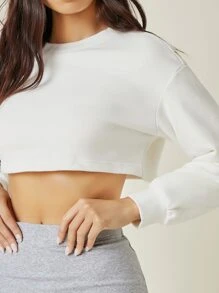 SHEIN BASICS Terry Fleece Cotton Drop Shoulder Crop Sweatshirt - White - View 5