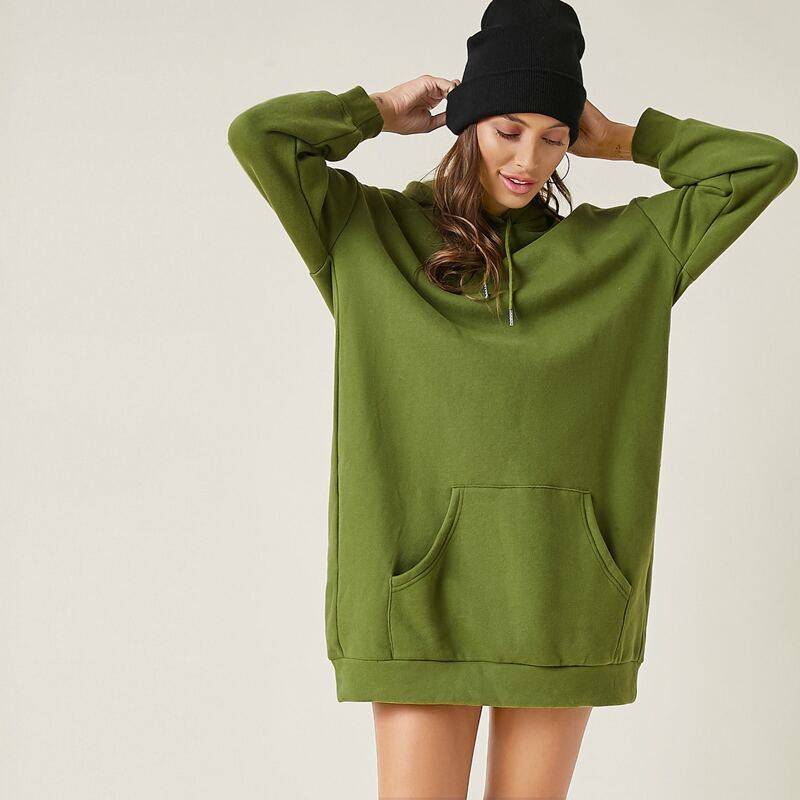 

Drop Shoulder Drawstring Hooded Sweatshirt Dress, Army green