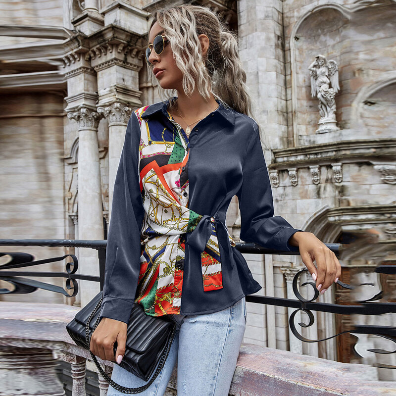 

Chain And Scarf Print Colorblock Knot Blouse, Multicolor