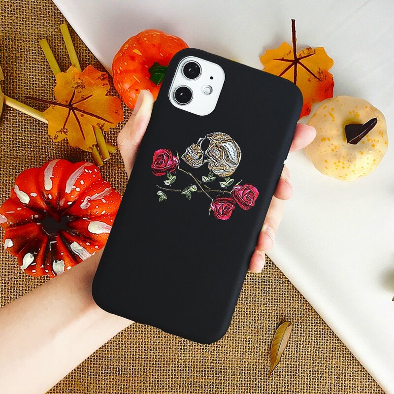 

Skull & Rose Pattern iPhone Case, Black