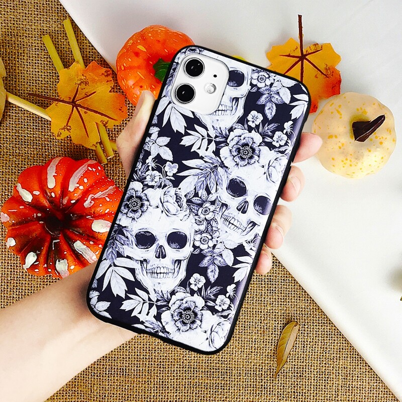 

Skull & Floral Pattern iPhone Case, Black and white