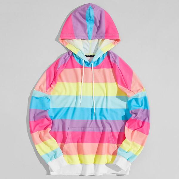 

Men Rainbow Striped Drawstring Hoodie, Multicolor