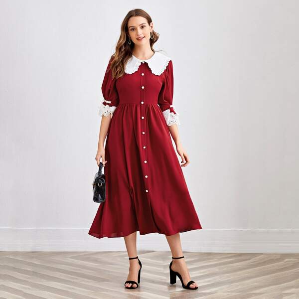 

Eyelet Embroidery Trim Button Front Dress, Burgundy