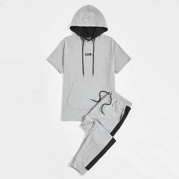 

Men Drawstring Hooded Tee & Contrast Side Seam Sweatpants Set, Grey