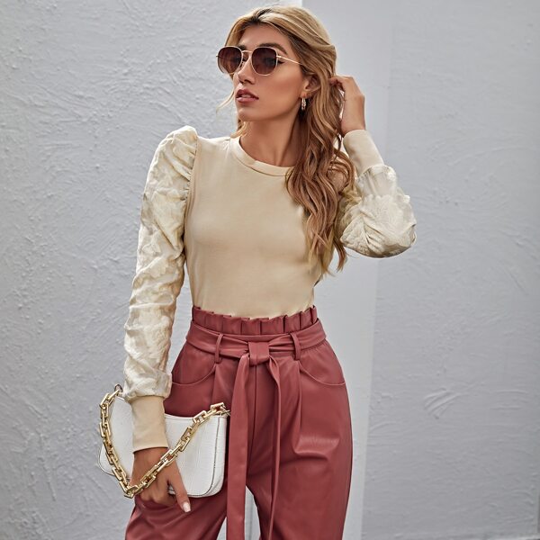 

Solid Leg-of-mutton Sleeve Top, Apricot