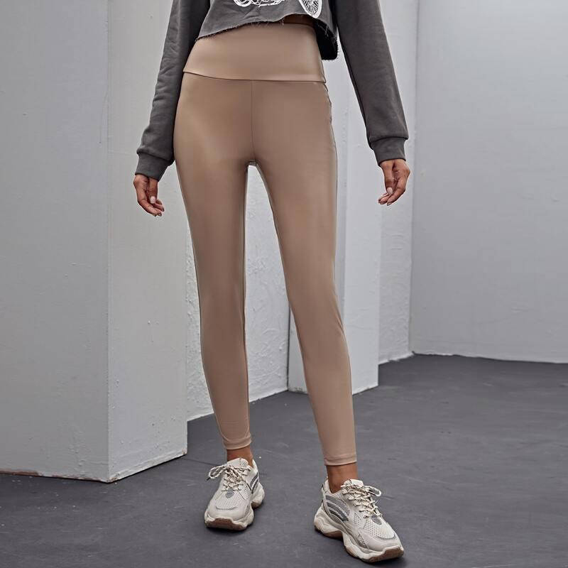

Wide Waistband PU Leather Leggings, Khaki