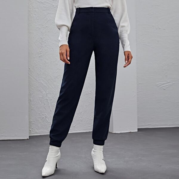

Slant Pocket Solid Pants Without Belt, Navy blue