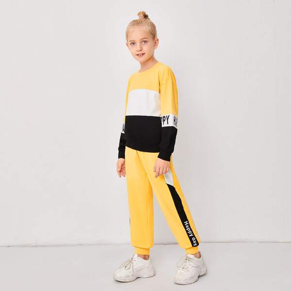 

Girls Letter Graphic Color Block Pullover & Sweatpants Set, Multicolor