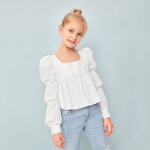 

Girls Gathered Sleeve Zip Back Peplum Top, White