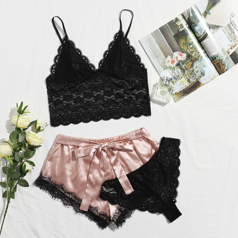 

3pack Floral Lace Satin Lingerie Set, Multicolor