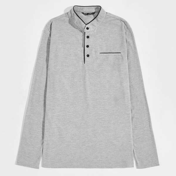

Men Solid Button Front Polo Shirt, Grey