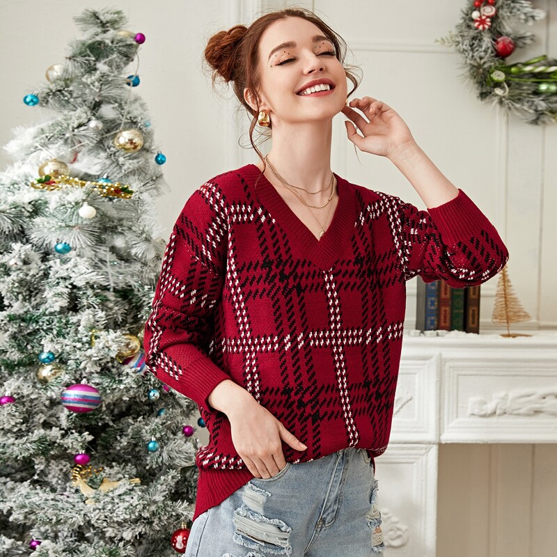 

Drop Shoulder Plaid Sweater, Burgundy