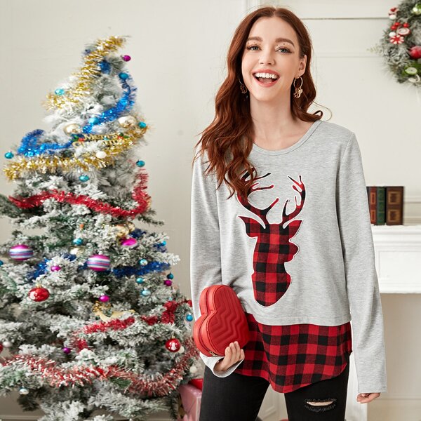 

Christmas Gingham Print Tee, Light grey