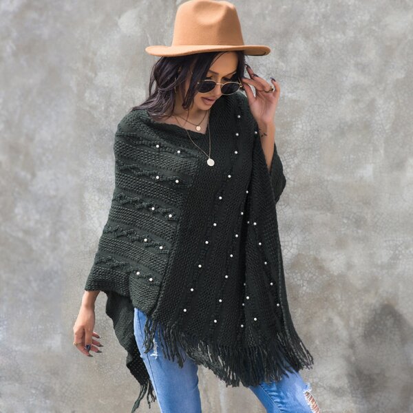 

Fringe Hem Pearls Poncho Sweater, Dark grey
