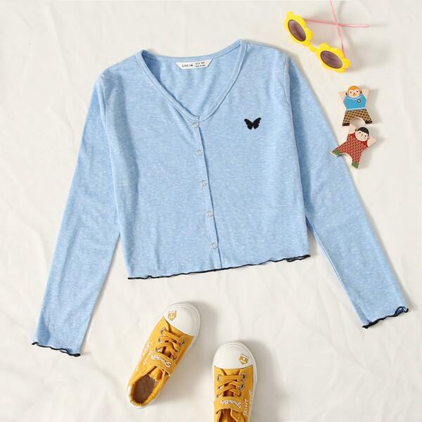 

Girls Butterfly Embroidery Lettuce Trim Tee, Pastel baby blue