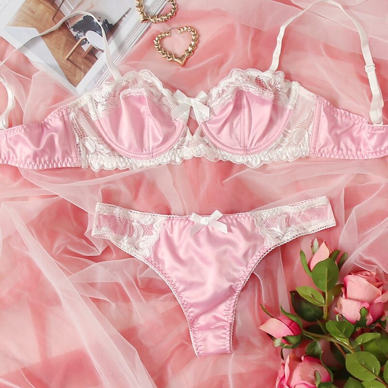 

Floral Lace Underwire Satin Lingerie Set, Pink