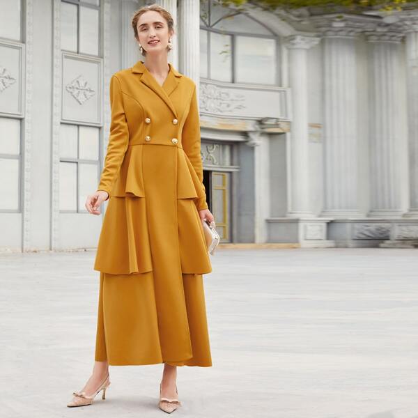 

Double Breasted Flounce Hem Blazer Dress, Mustard yellow