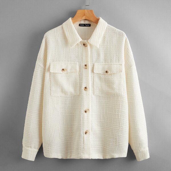 

Tweed Flap Pockets Button Up Oversized Coat, Beige