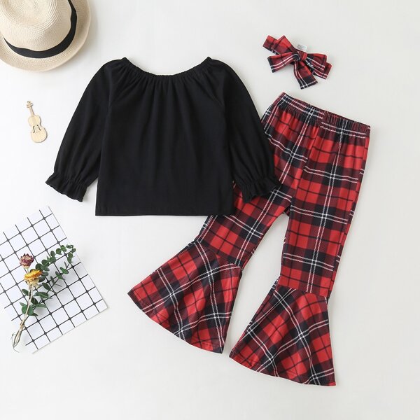 

Toddler Girls Solid Blouse & Plaid Flare Leg Pants & Headband, Multicolor