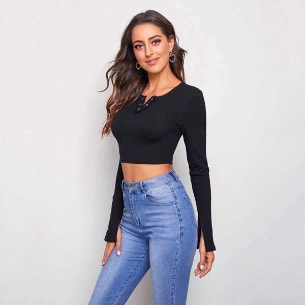 

Press Buttoned Half Placket Split Sleeve Crop Top, Black