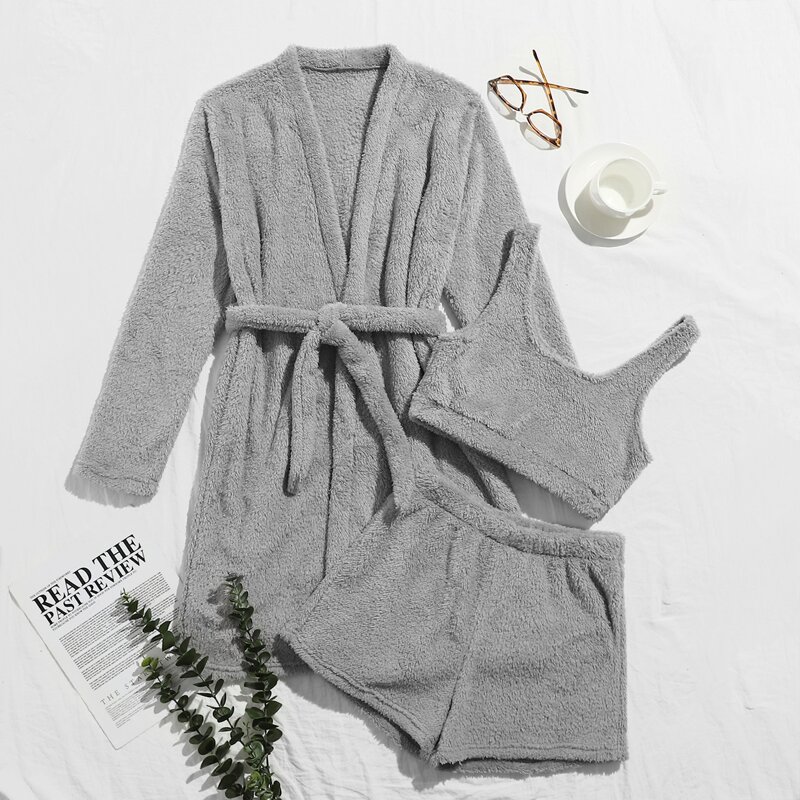 

3 Pack Teddy Belted Robe Lounge Set, Grey