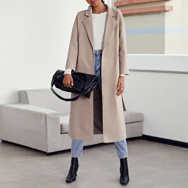 

Notched Collar Split Hem Belted Overcoat, Dusty purple