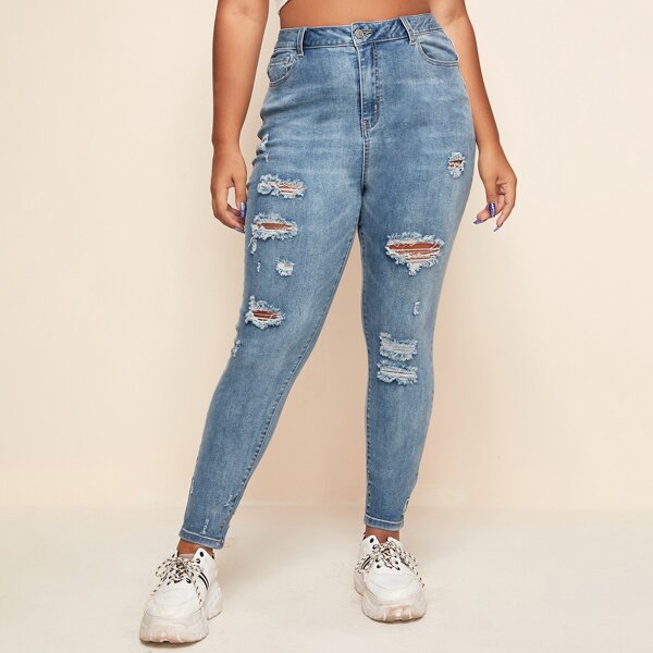 

Plus High Waist Ripped Skinny Jeans, Medium wash