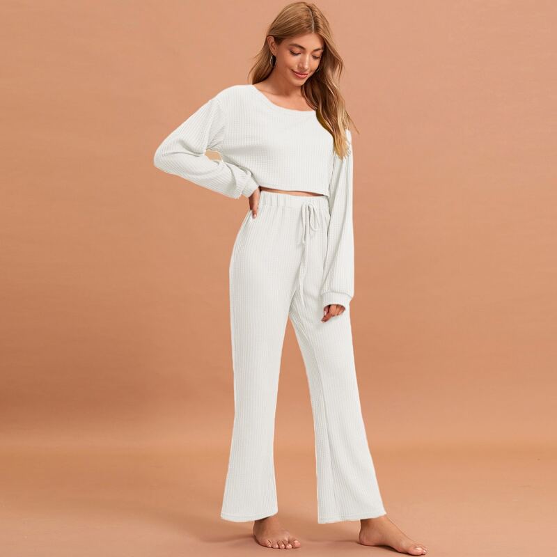 

Waffle Knit Top With Knot Pants Lounge Set, White