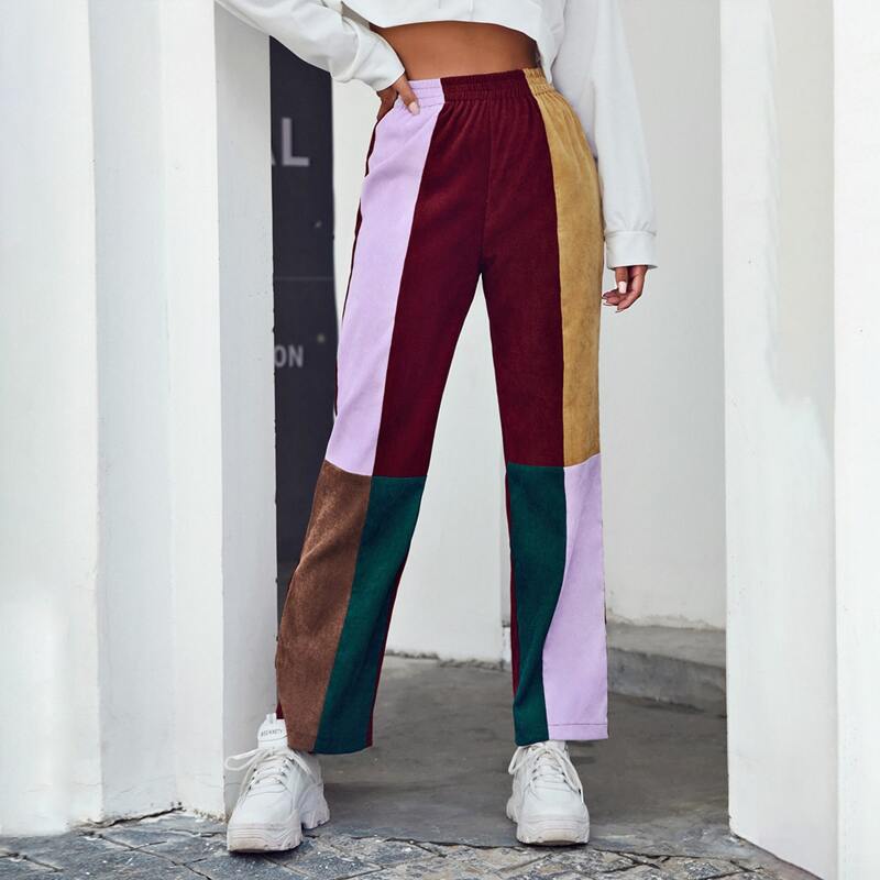 

Elastic Waist Colorblock Cord Pants, Multicolor